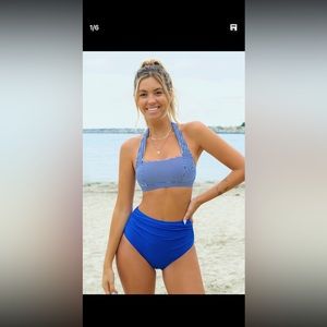 Bubble Stripes Back Tie Halter Top & Tummy Control 2pc Bikini Set large